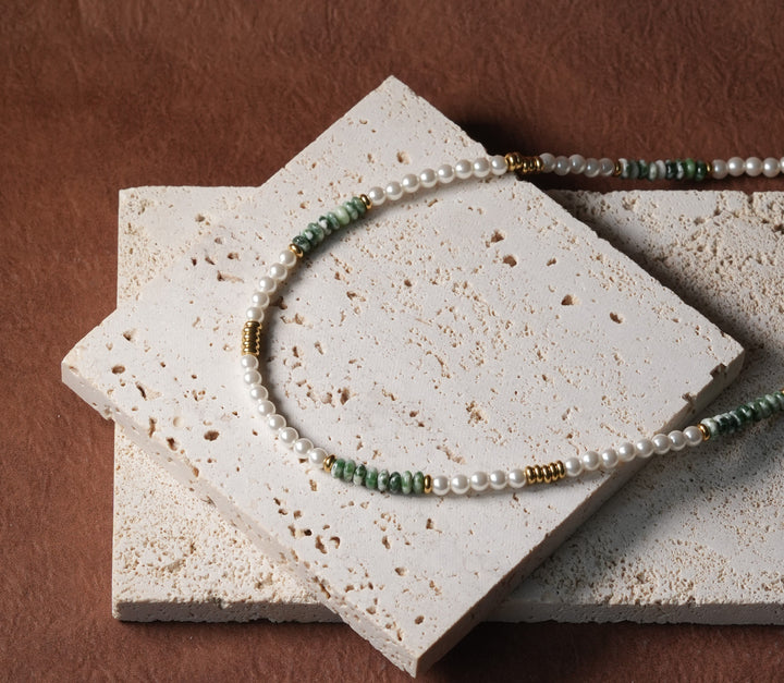 Freshwater Pearl with Green Gemstone Birthstone 18k Gold Plate Necklace Ke Jewelry Melbourne