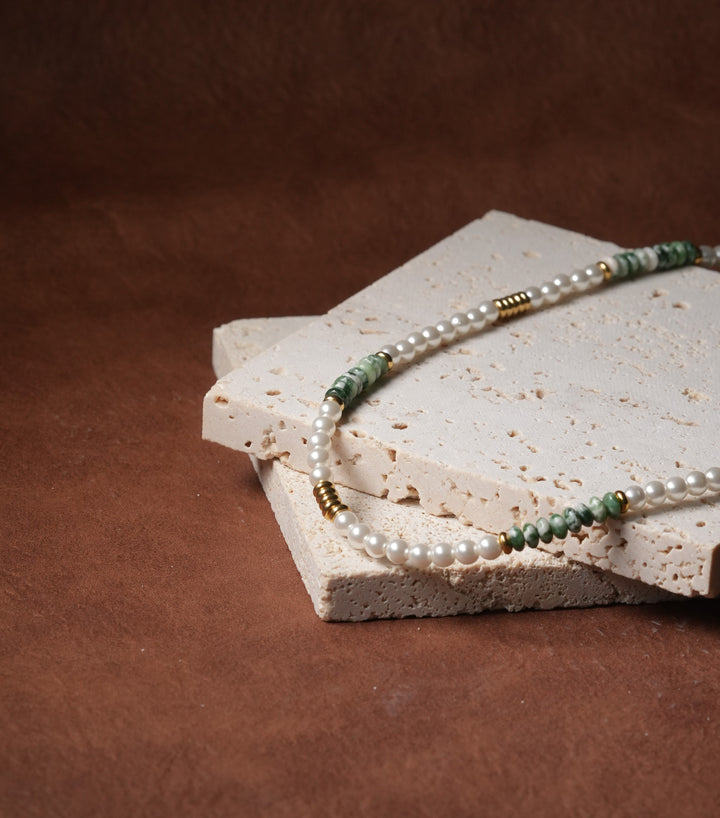 Freshwater Pearl with Green Gemstone Birthstone 18k Gold Plate Necklace Ke Jewelry Melbourne