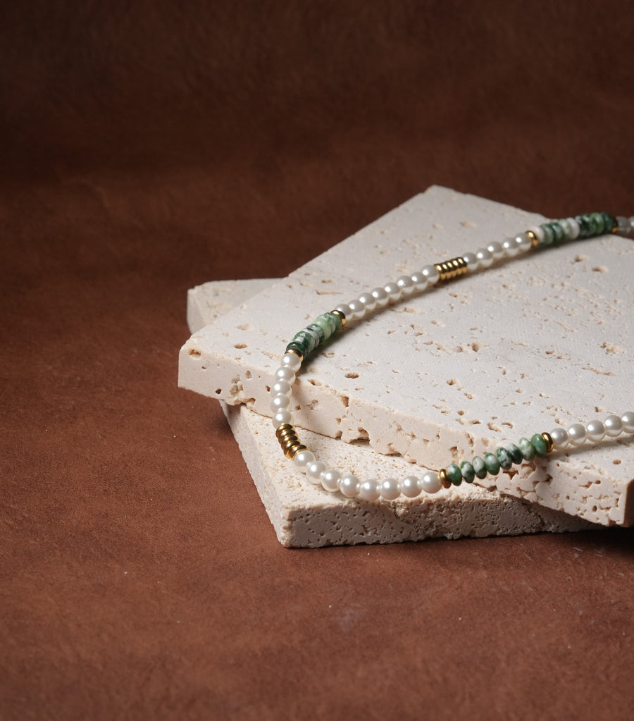 Freshwater Pearl with Green Gemstone Birthstone 18k Gold Plate Necklace Ke Jewelry Melbourne