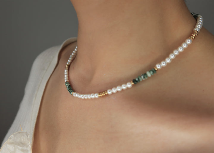 Freshwater Pearl with Green Gemstone Birthstone 18k Gold Plate Necklace Ke Jewelry Melbourne