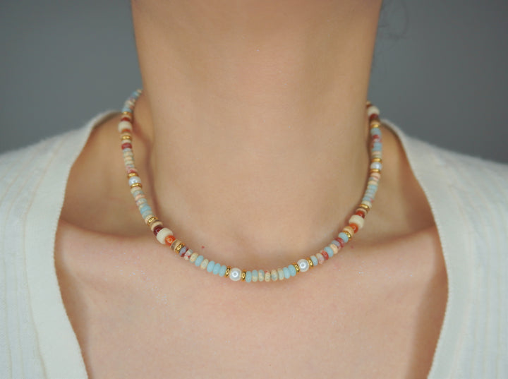 Geometric Beaded Natural Stone Birthstone Freshwater Pearl 18k Gold Plate Necklace Ke Jewelry Melbourne