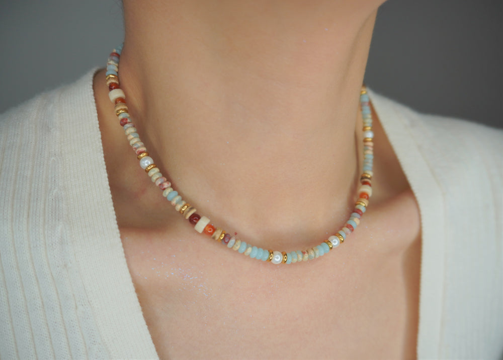 Geometric Beaded Natural Stone Birthstone Freshwater Pearl 18k Gold Plate Necklace Ke Jewelry Melbourne