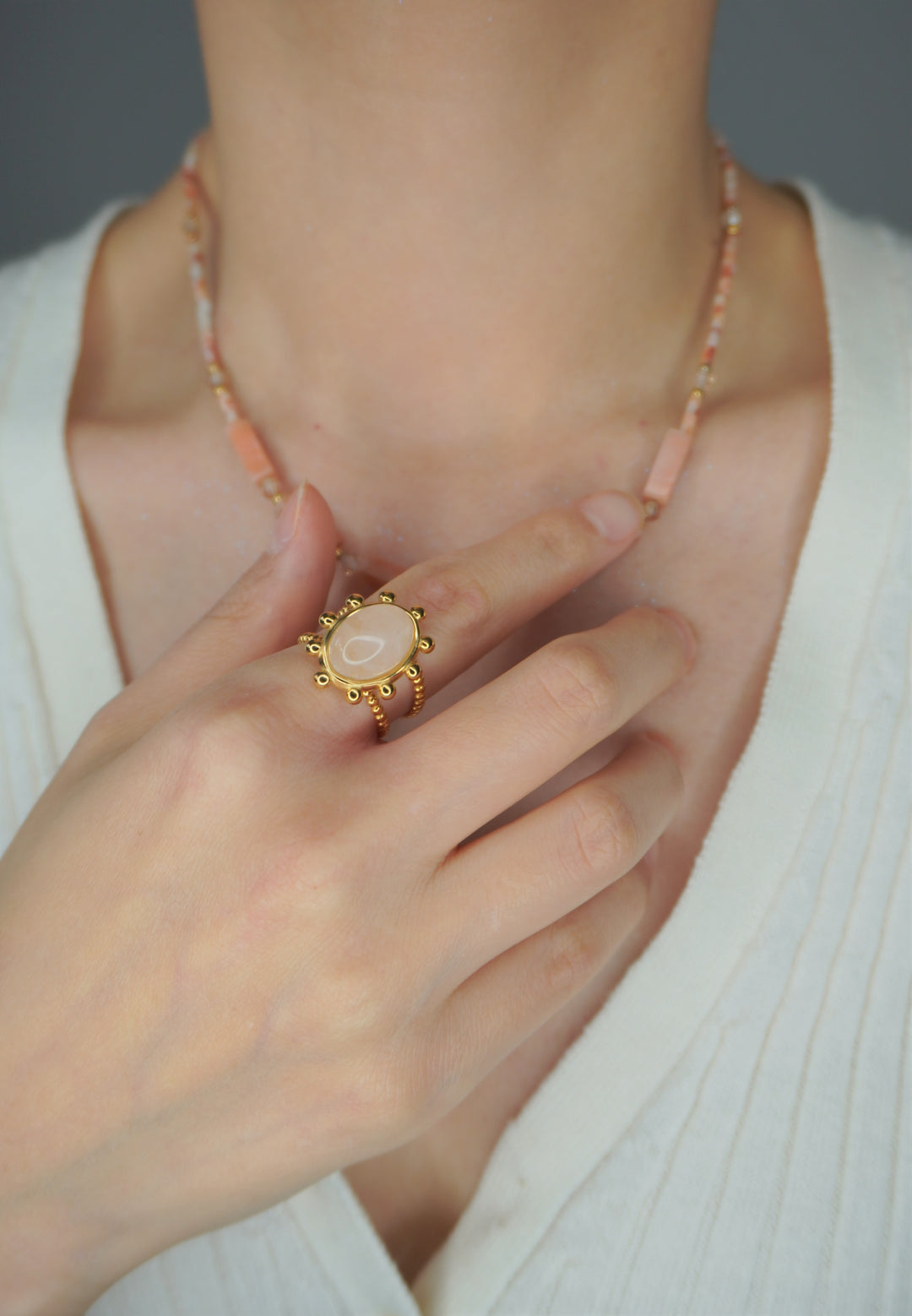 Pink Gemstone 18K Gold Titanium Steel Ring