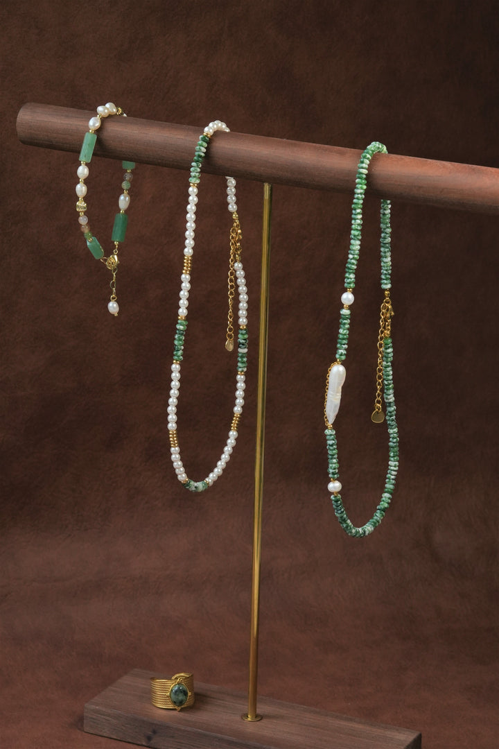 Freshwater Pearl with Green Gemstone Birthstone 18k Gold Plate Necklace Ke Jewelry Melbourne