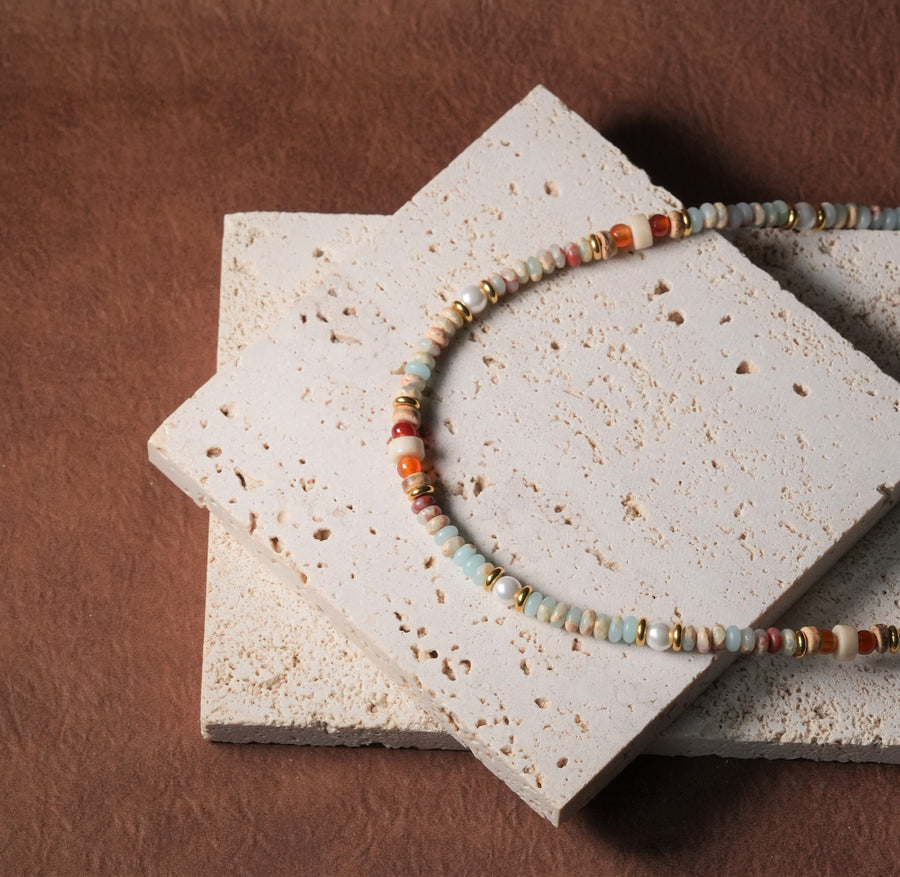 Geometric Beaded Natural Stone Birthstone Freshwater Pearl 18k Gold Plate Necklace Ke Jewelry Melbourne