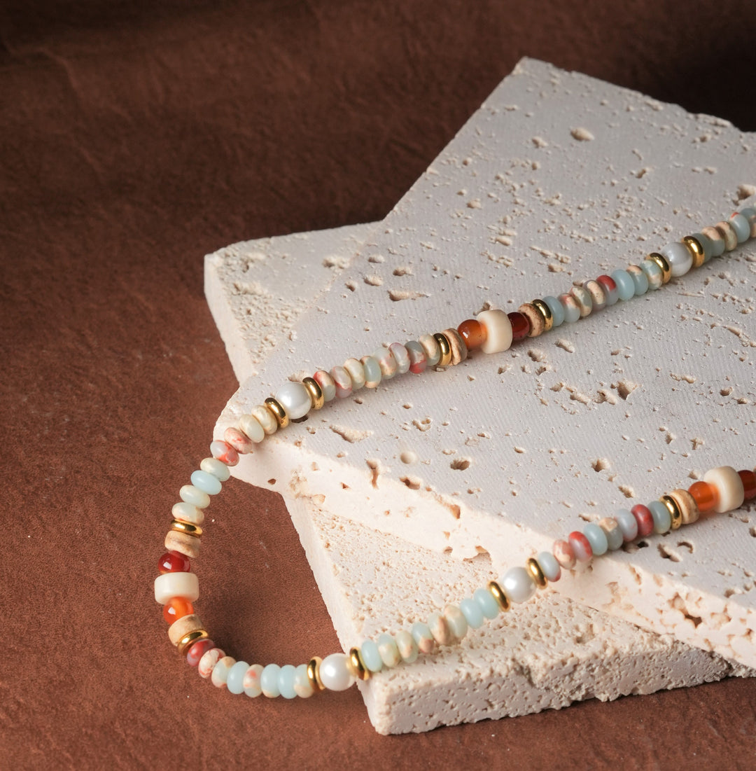 Geometric Beaded Natural Stone Birthstone Freshwater Pearl 18k Gold Plate Necklace Ke Jewelry Melbourne