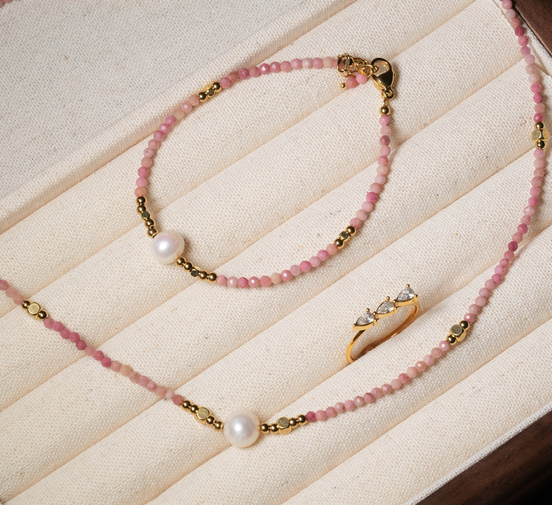 Ke Jewelry beaded Pink Rhodonite Gemstone Freshwater Pearl Bracelet