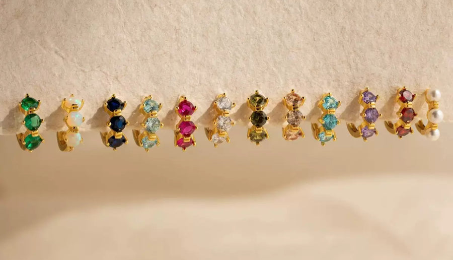 Birthstone gold earrings with multicolored gemstones