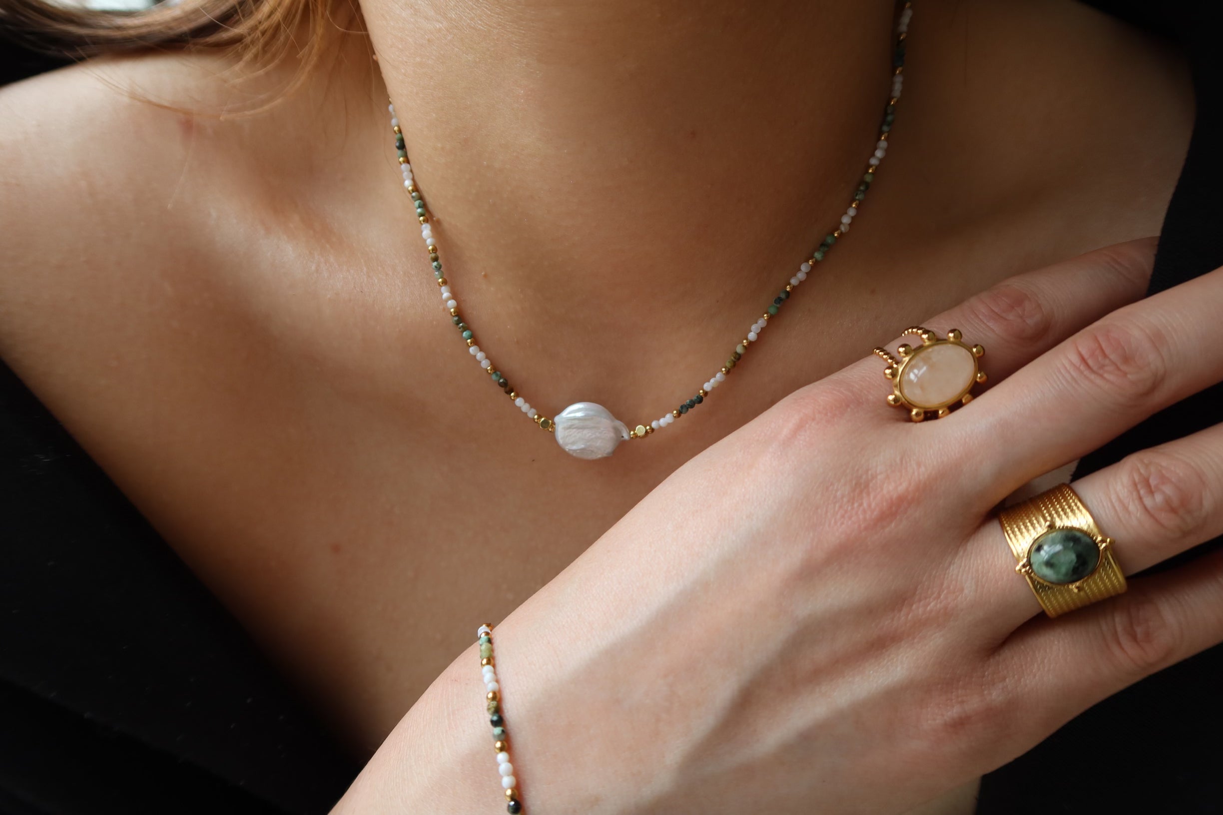 Beaded Natural stone gemstone birthstone freshwater pearls with 18k plated gold jewellery Melbourne
