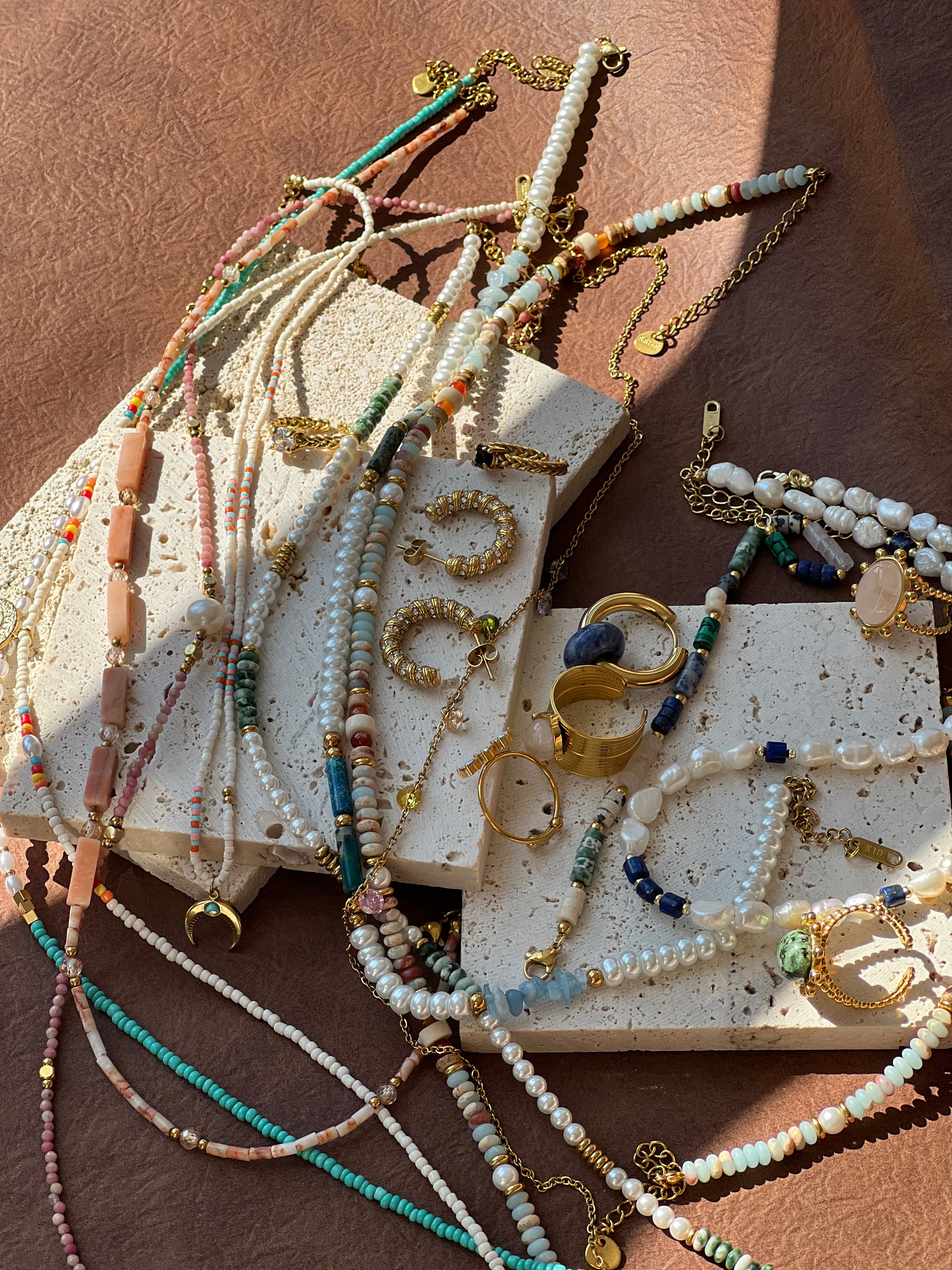 Beaded Natural stone gemstone birthstone freshwater pearls with 18k plated gold jewellery Melbourne