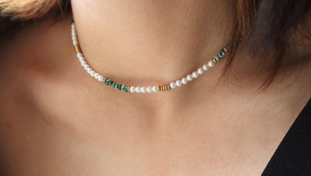Freshwater Pearl with Green Gemstone Birthstone 18k Gold Plate Necklace Ke Jewelry Melbourne