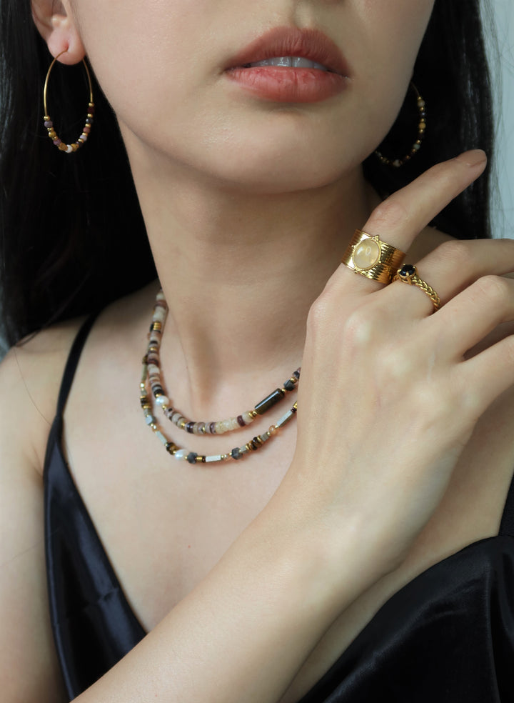 Amber Gemstone Stainless Steel Gold-Plated Hoop Earrings