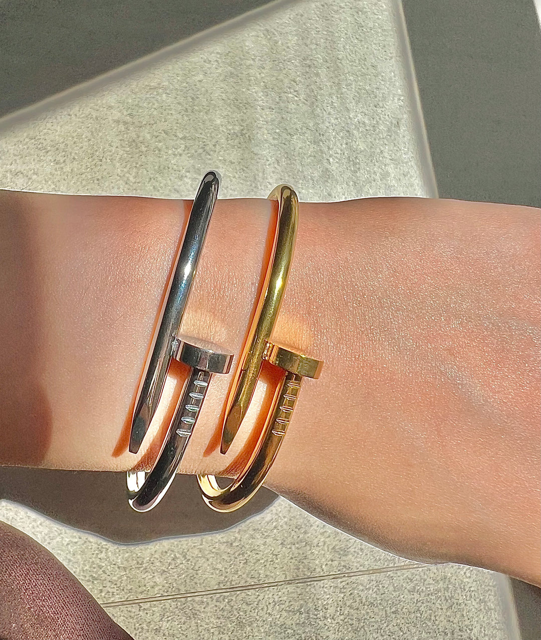 Nail Bracelet Bangle - Available in 18K White Gold, Gold & Rose Gold Plating | Ke Jewelry Melbourne