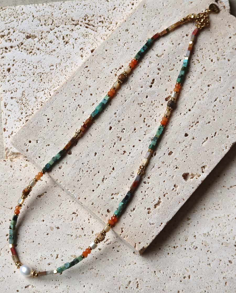 Opulent Natural Stone and Pearl Necklace in 18K Gold Titanium Steel