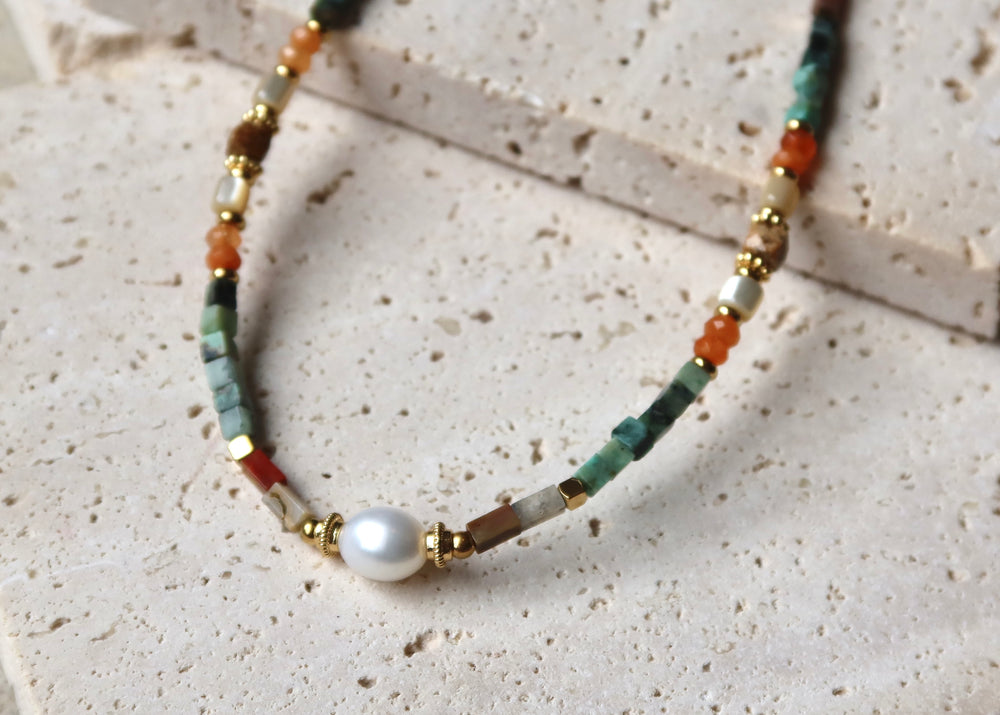 Opulent Natural Stone and Pearl Necklace in 18K Gold Titanium Steel