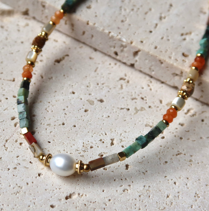 Opulent Natural Stone and Pearl Necklace in 18K Gold Titanium Steel