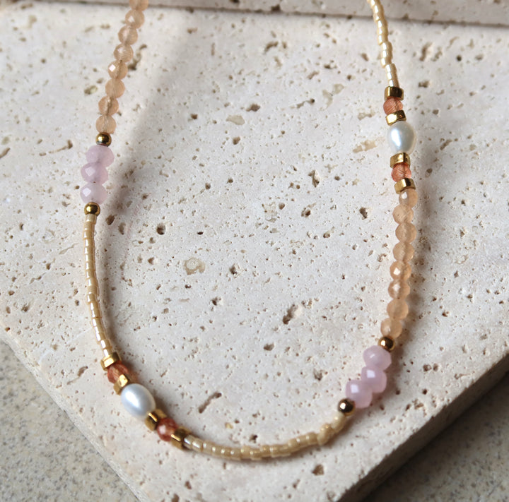 Pink Rhodonite Gemstone Freshwater Pearl Necklace | 18k Gold Plated | Ke Jewelry Melbourne