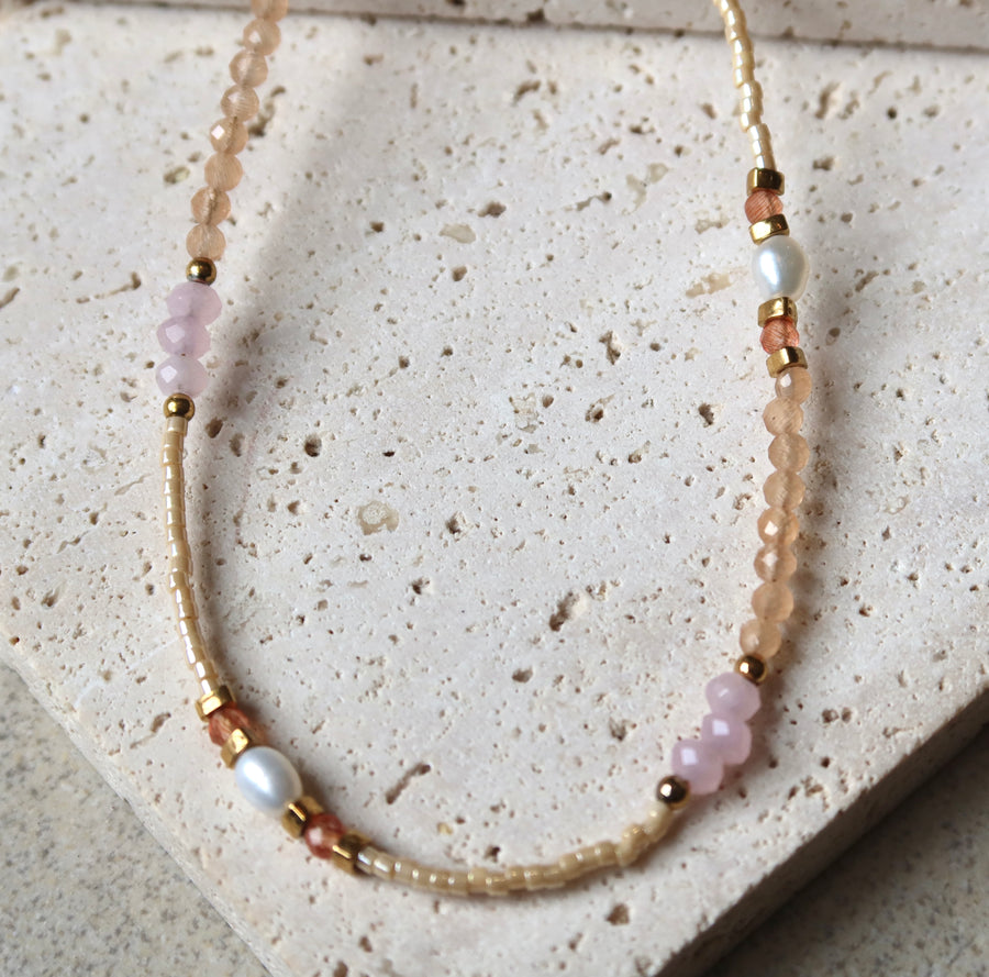 Pink Rhodonite Gemstone Freshwater Pearl Necklace | 18k Gold Plated | Ke Jewelry Melbourne