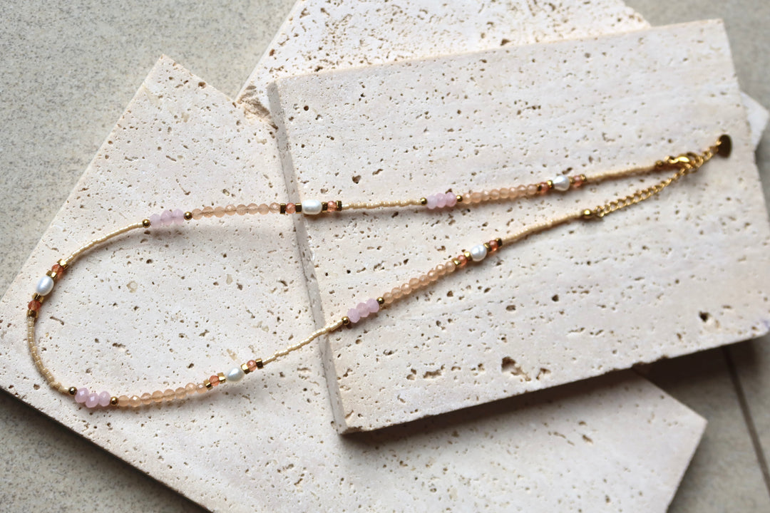 Pink Rhodonite Gemstone Freshwater Pearl Necklace | 18k Gold Plated | Ke Jewelry Melbourne
