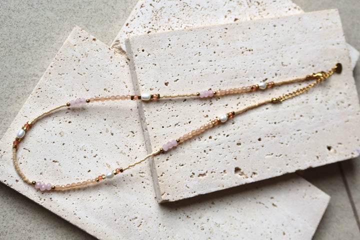Pink Rhodonite Gemstone Freshwater Pearl Necklace | 18k Gold Plated | Ke Jewelry Melbourne