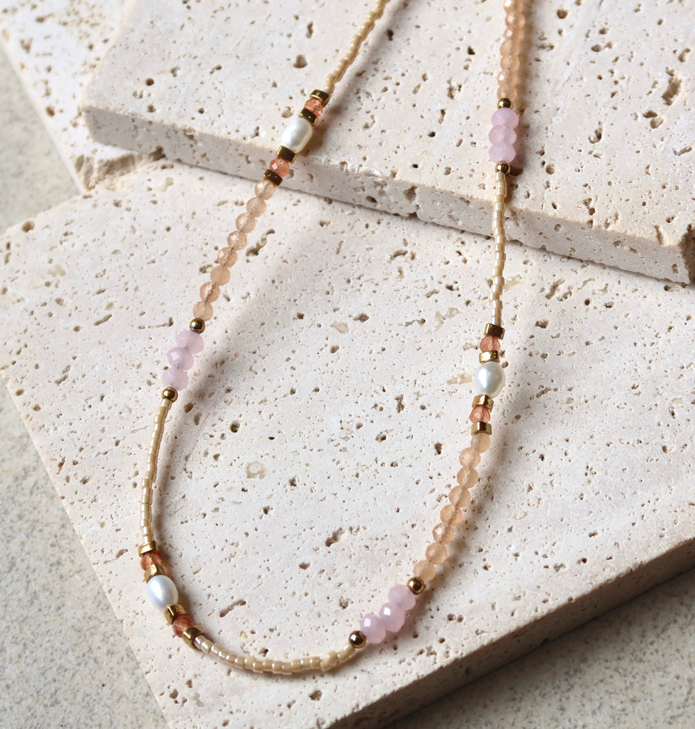 Pink Rhodonite Gemstone Freshwater Pearl Necklace | 18k Gold Plated | Ke Jewelry Melbourne