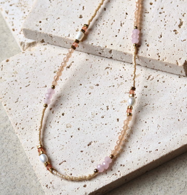 Pink Rhodonite Gemstone Freshwater Pearl Necklace | 18k Gold Plated | Ke Jewelry Melbourne