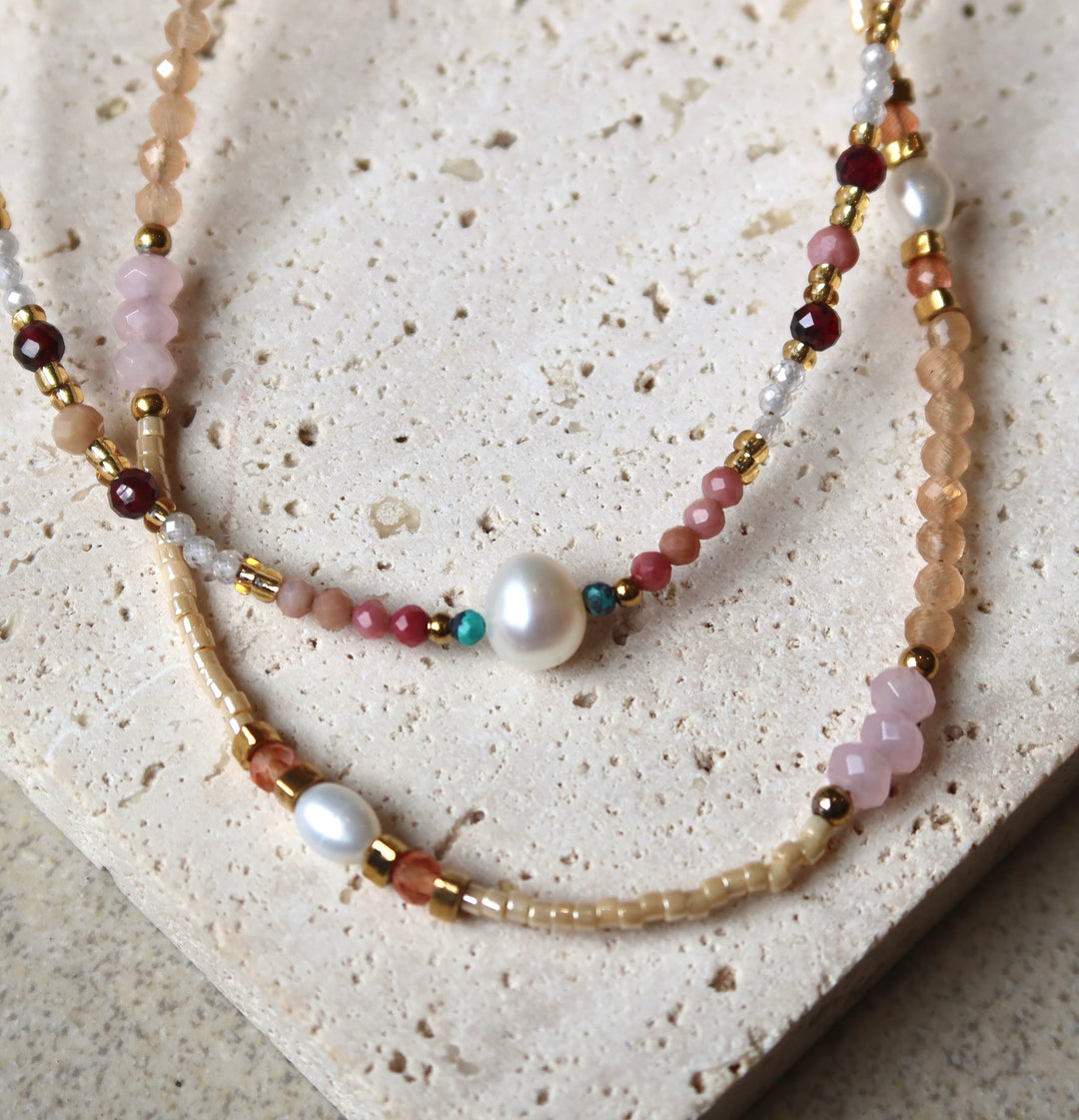 Pink Rhodonite Gemstone Freshwater Pearl Necklace | 18k Gold Plated | Ke Jewelry Melbourne
