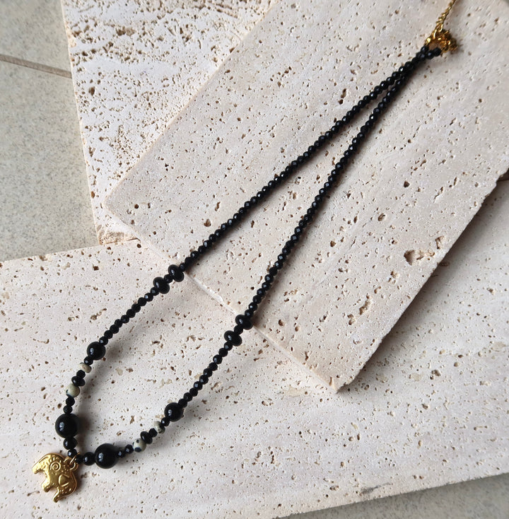 Black Crystal Natural Elephant 18K Gold Titanium Steel Necklace