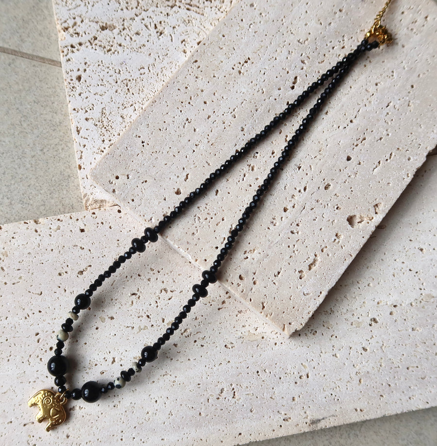 Black Crystal Natural Elephant 18K Gold Titanium Steel Necklace