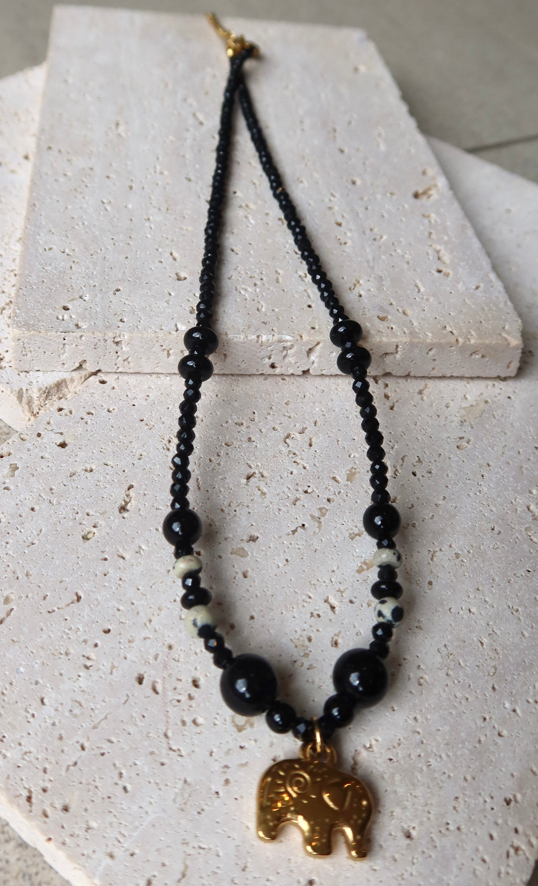Black Crystal Natural Elephant 18K Gold Titanium Steel Necklace