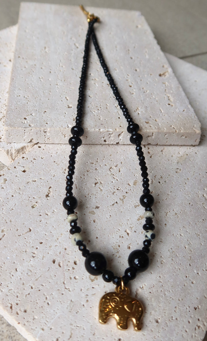 Black Crystal Natural Elephant 18K Gold Titanium Steel Necklace