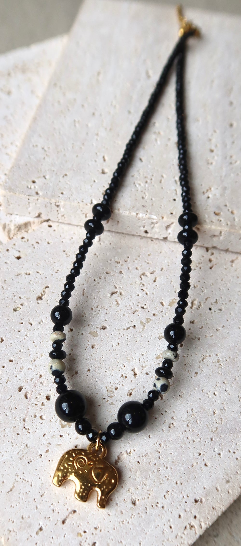 Black Crystal Natural Elephant 18K Gold Titanium Steel Necklace