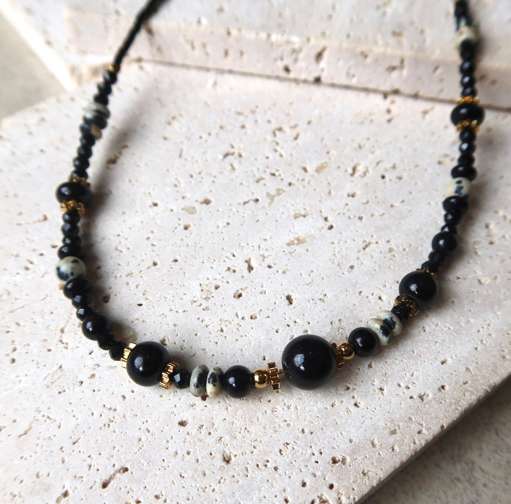 Thin Black Stone Luck Charm Men’s Beaded Necklace | 18k Gold Plated | Ke Jewelry Melbourne