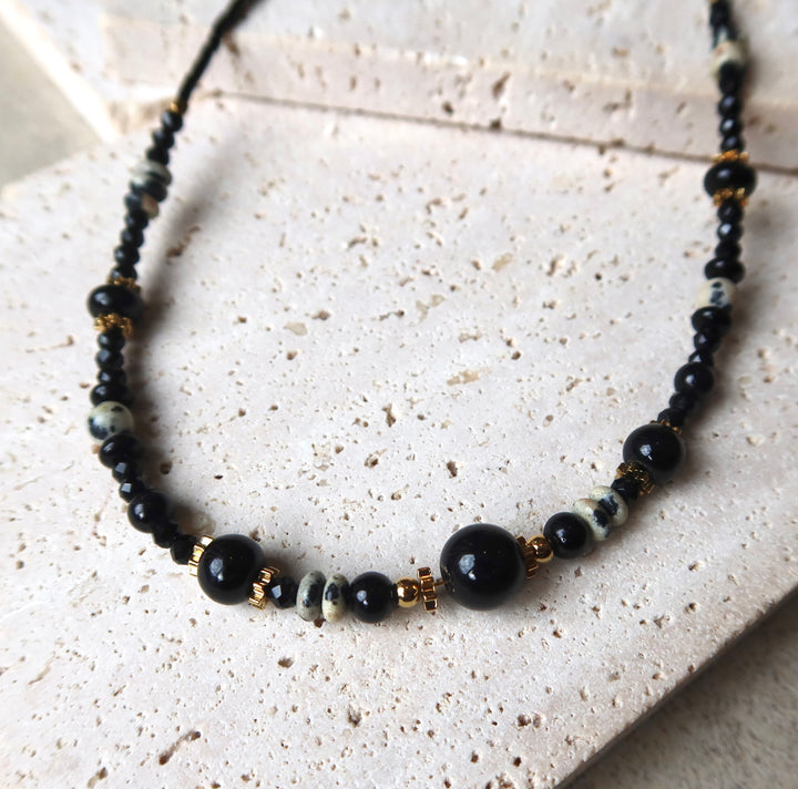 Thin Black Stone Luck Charm Men’s Beaded Necklace | 18k Gold Plated | Ke Jewelry Melbourne