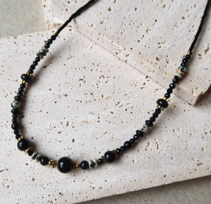 Thin Black Stone Luck Charm Men’s Beaded Necklace | 18k Gold Plated | Ke Jewelry Melbourne
