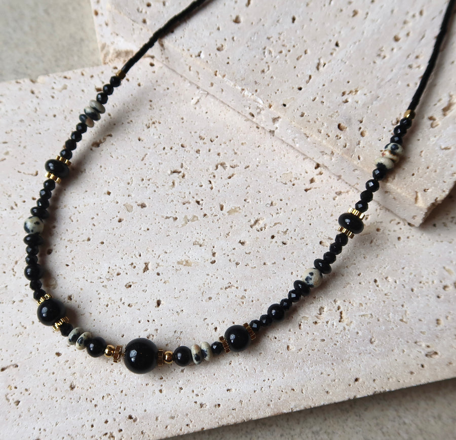 Thin Black Stone Luck Charm Men’s Beaded Necklace | 18k Gold Plated | Ke Jewelry Melbourne