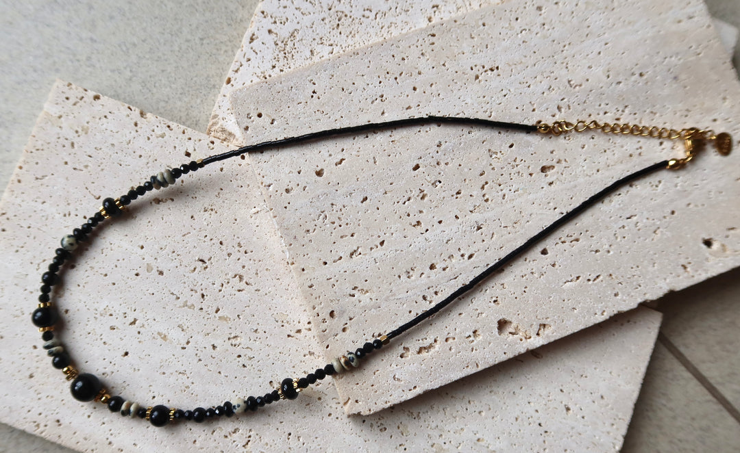 Thin Black Stone Luck Charm Men’s Beaded Necklace | 18k Gold Plated | Ke Jewelry Melbourne