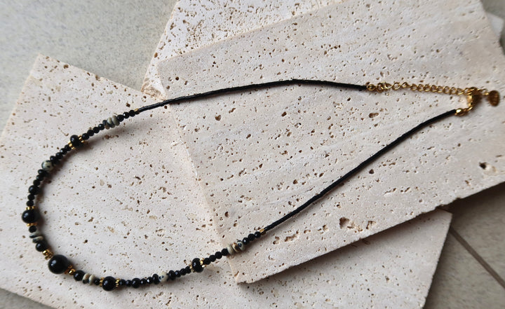 Thin Black Stone Luck Charm Men’s Beaded Necklace | 18k Gold Plated | Ke Jewelry Melbourne
