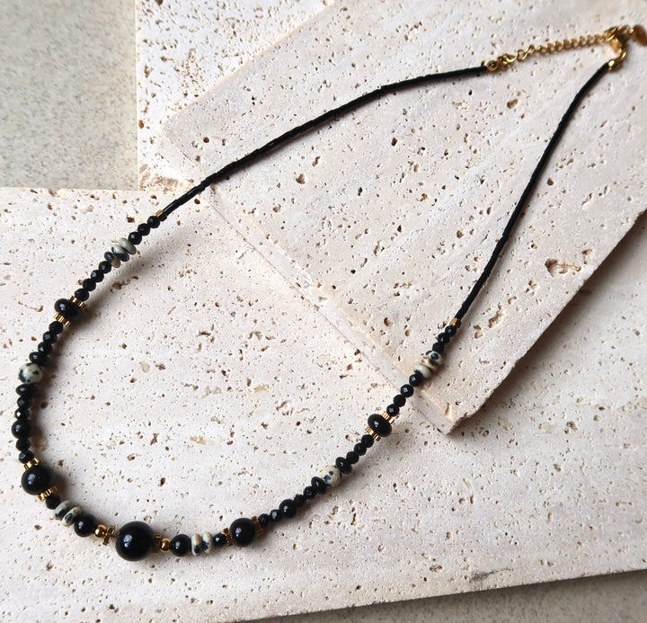 Thin Black Stone Luck Charm Men’s Beaded Necklace | 18k Gold Plated | Ke Jewelry Melbourne