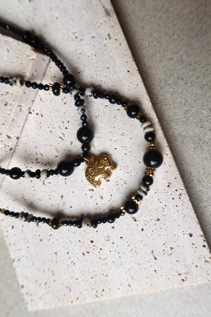 Black Crystal Natural Elephant 18K Gold Titanium Steel Necklace