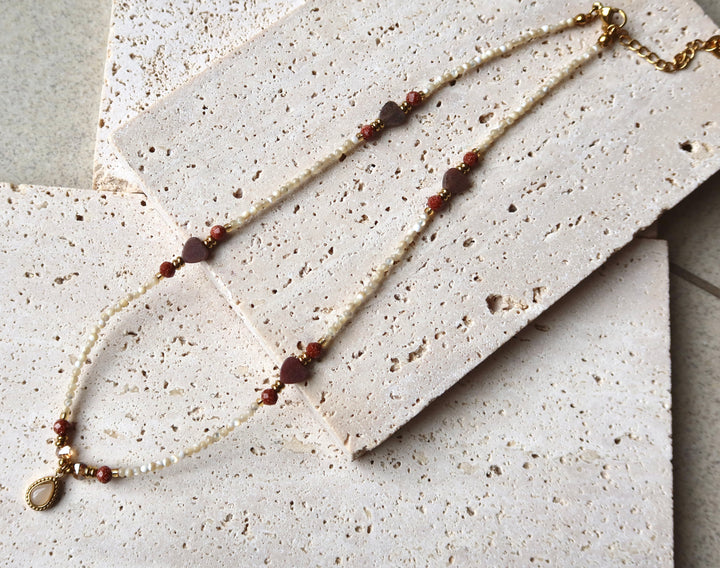 pink stone pendant necklace, caramel beaded necklace, 18k gold plated necklace, gold necklace Melbourne, Ke Jewelry Melbourne, handmade jewelry Australia, layering necklace gold, gemstone pendant necklace, dainty gold necklace