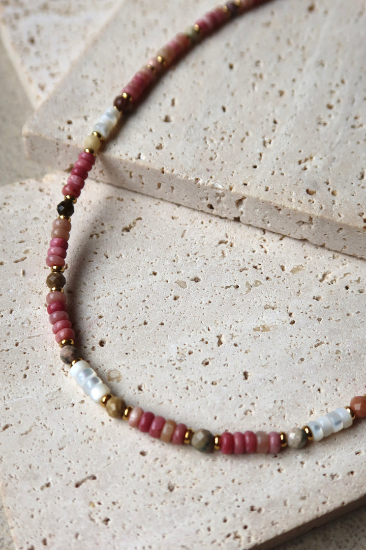 Thin Pink Gemstone Beaded Necklace| 18k Gold Plated | Ke Jewelry Melbourne