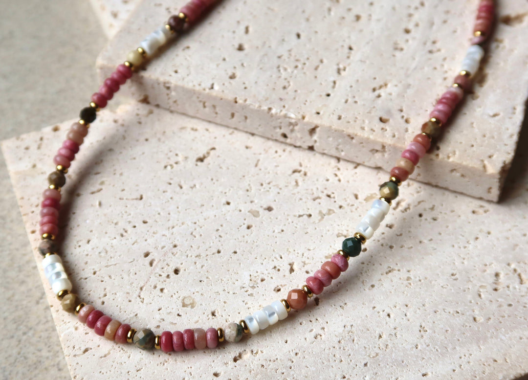 Thin Pink Gemstone Beaded Necklace| 18k Gold Plated | Ke Jewelry Melbourne