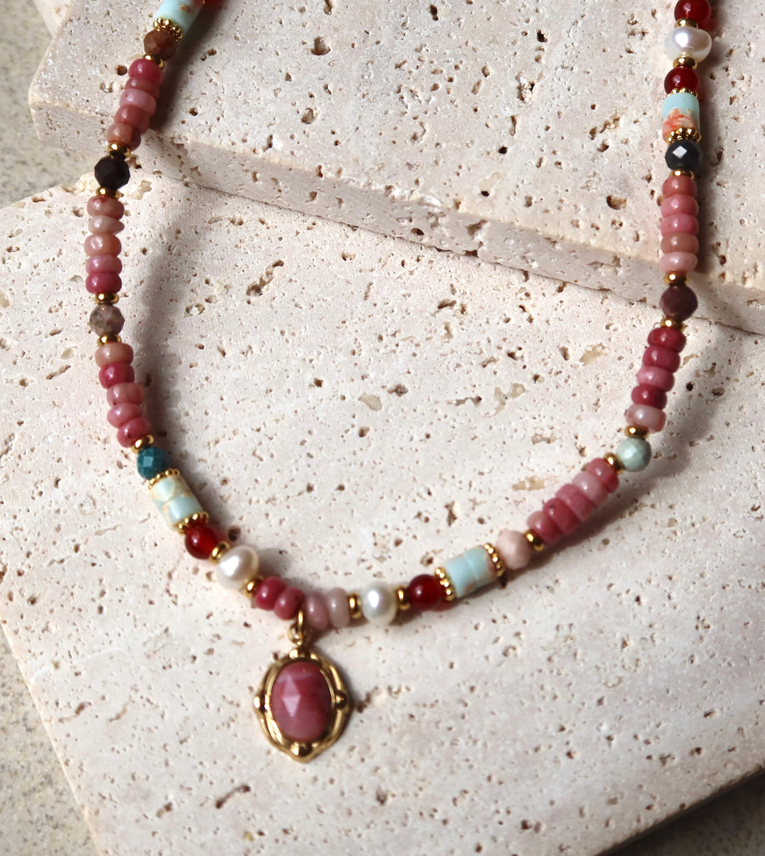 Radiant Pink Gemstone Beaded Necklace| 18k Gold Plated | Ke Jewelry Melbourne