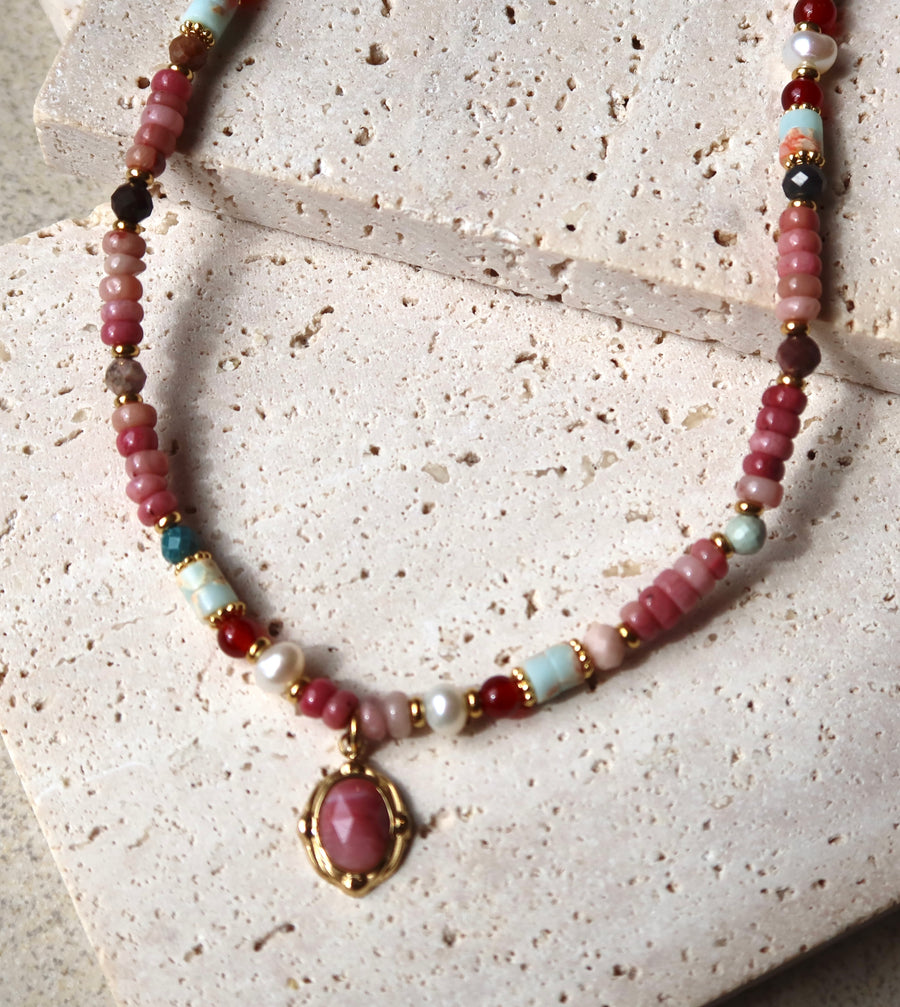Radiant Pink Gemstone Beaded Necklace| 18k Gold Plated | Ke Jewelry Melbourne