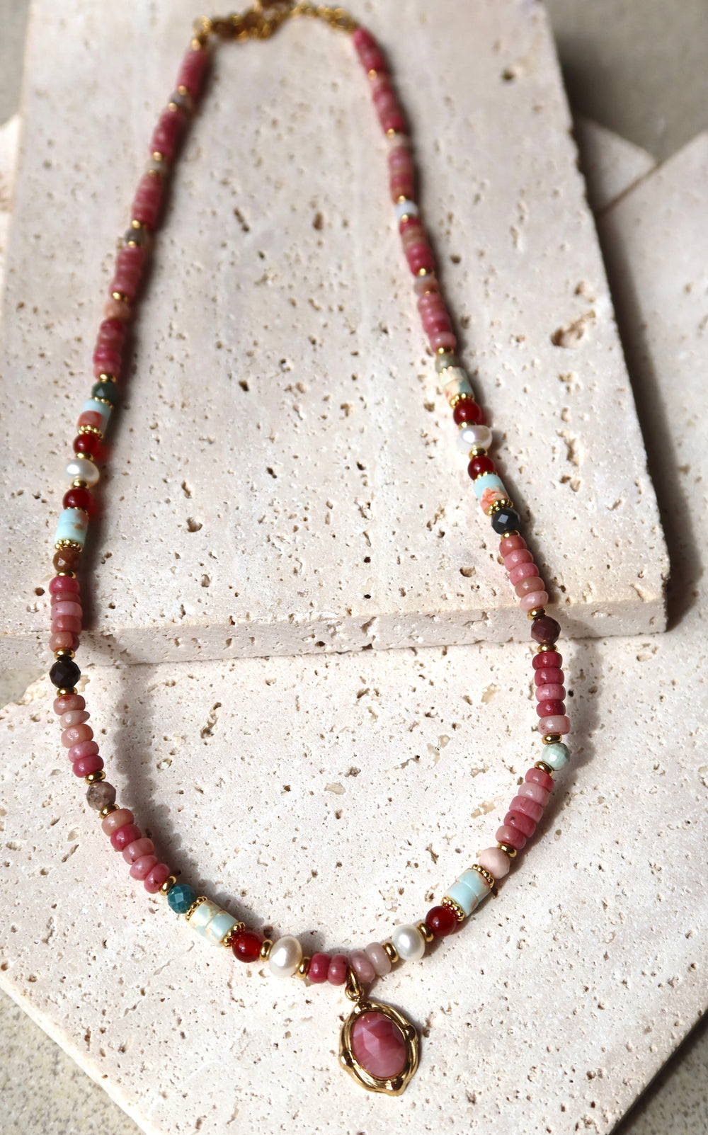 Radiant Pink Gemstone Beaded Necklace| 18k Gold Plated | Ke Jewelry Melbourne