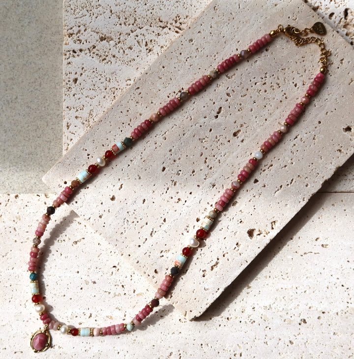Radiant Pink Gemstone Beaded Necklace| 18k Gold Plated | Ke Jewelry Melbourne