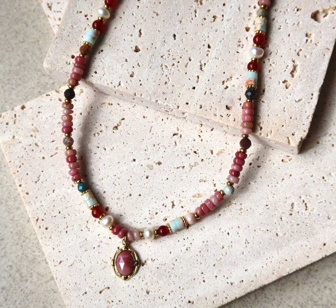 Radiant Pink Gemstone Beaded Necklace| 18k Gold Plated | Ke Jewelry Melbourne