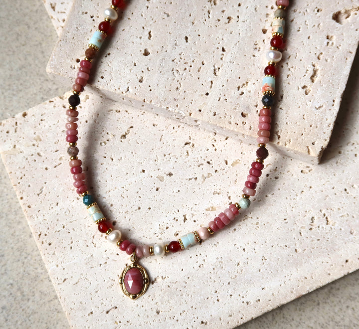 Radiant Pink Gemstone Beaded Necklace| 18k Gold Plated | Ke Jewelry Melbourne