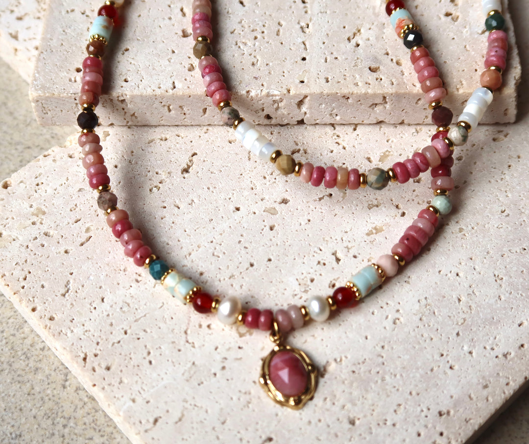 Radiant Pink Gemstone Beaded Necklace| 18k Gold Plated | Ke Jewelry Melbourne